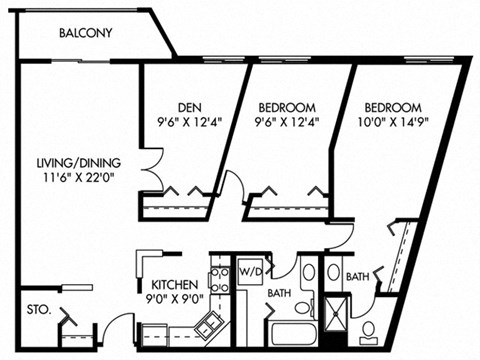Floor plan for 3 beds, 2 baths, 1150 sqft